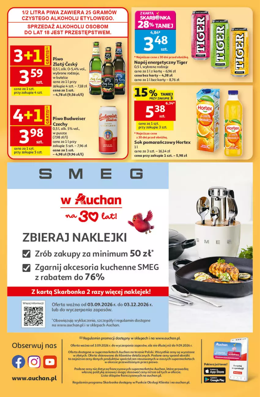 Gazetka promocyjna Auchan - 30 Lat Supermarket - ważna 03.09 do 09.09.2026 - strona 8 - produkty: Gra, Hortex, Klej, Napój, Napój energetyczny, Piwa, Piwo, Ser, Sok, Sok pomarańczowy, Tiger