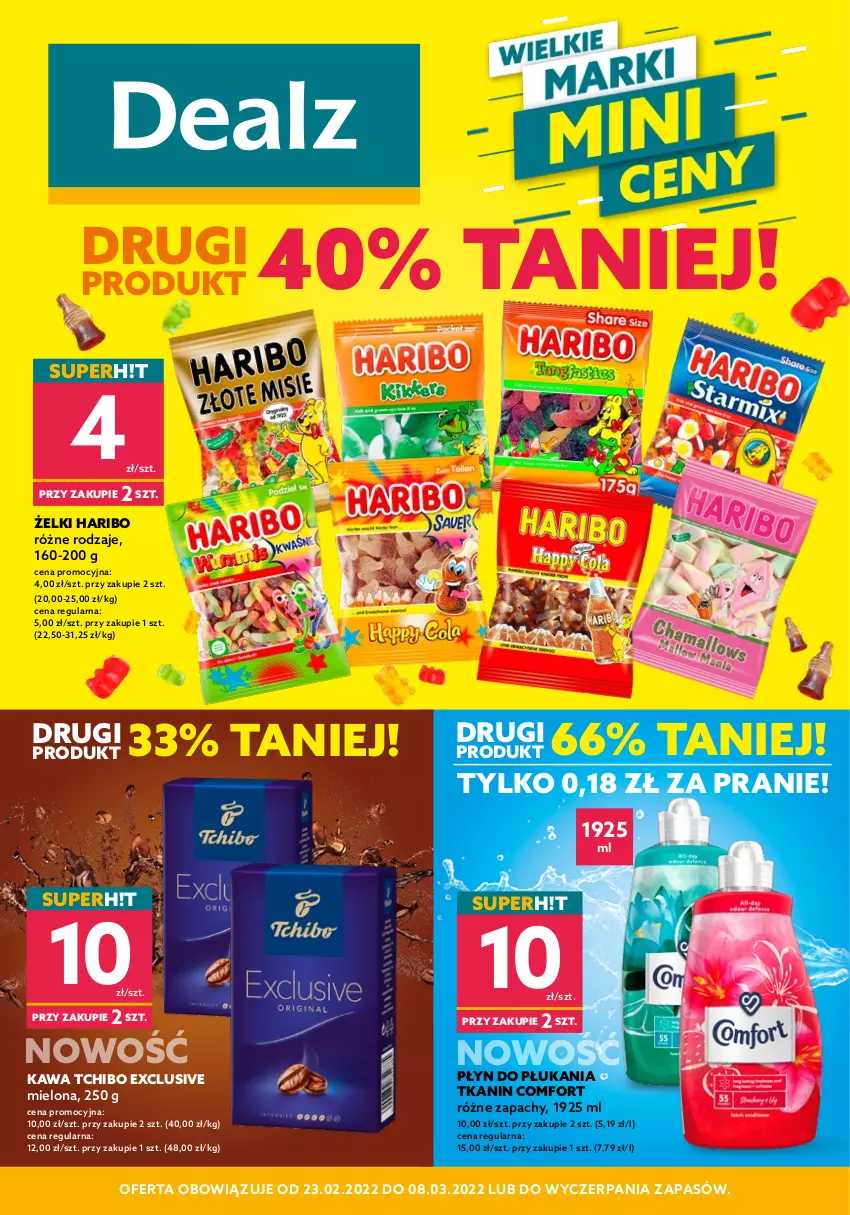 Gazetka promocyjna Dealz - NOWA GAZETKAMega Marki Mini Ceny - ważna 23.02 do 08.03.2022 - strona 1 - produkty: Haribo, Kawa, Płyn do płukania, Tchibo