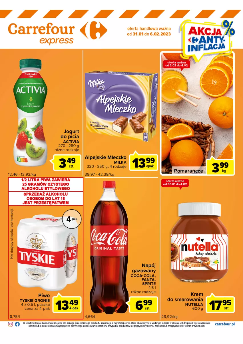 Gazetka promocyjna Carrefour - Gazetka Express - ważna 31.01 do 06.02.2023 - strona 2 - produkty: Activia, Coca-Cola, Fa, Fanta, Jogurt, Mleczko, Napój, Nutella, Piwo, Sprite, Tyskie