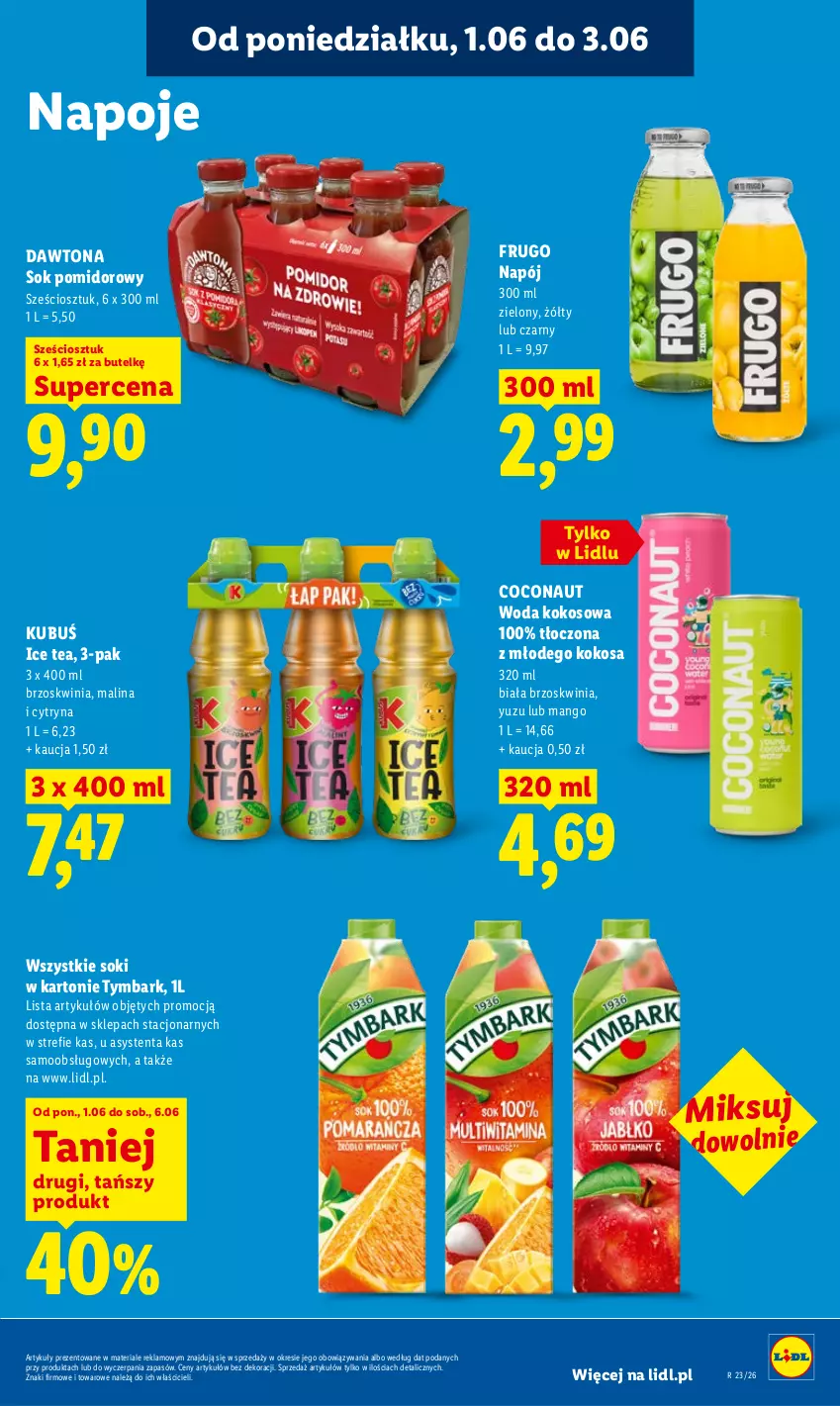 Gazetka promocyjna Lidl - Gazetka ważna od 1.06 do 3.06 - ważna 01.06 do 03.06.2026 - strona 87 - produkty: Dawtona, Ice tea, Kokos, Kubuś, Mango, Napój, Napoje, Sok, Sok pomidorowy, Tymbark, Woda