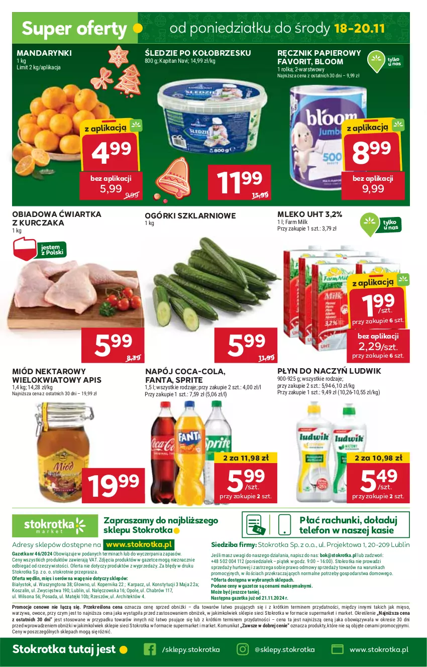 Gazetka promocyjna Stokrotka - Market Opole/Radom - ważna 14.11 do 20.11.2024 - strona 20 - produkty: Coca-Cola, Dres, Fa, Fanta, HP, JBL, Kurczak, Ludwik, Mandarynki, Miód, Mleko, Napój, Nektar, Papier, Ręcznik, Sprite, Telefon