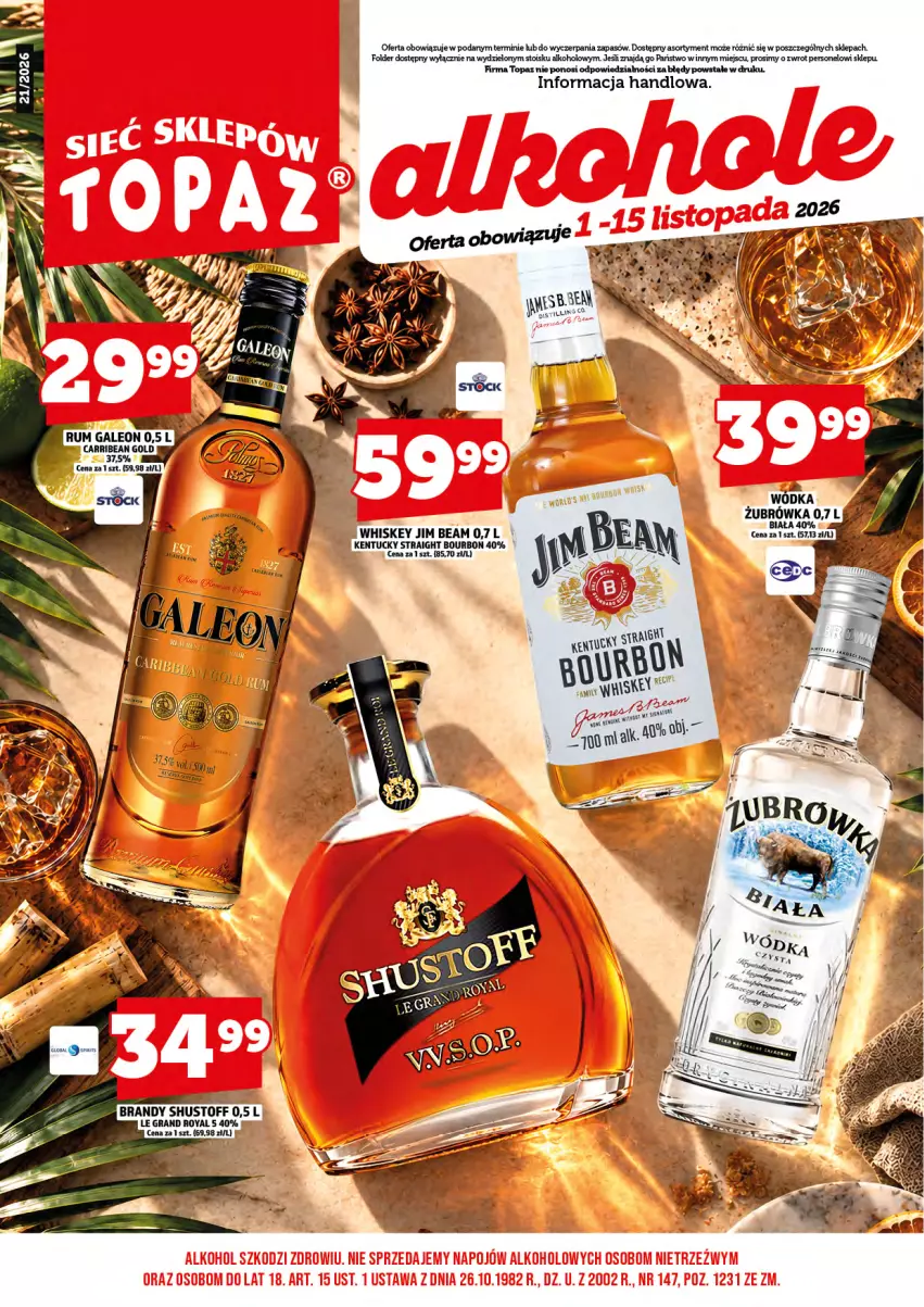Gazetka promocyjna Topaz - Gazetka - ważna 01.11 do 15.11.2026 - strona 3 - produkty: Bourbon, Brandy, Gra, Jim Beam, Leon, Rum, Top, Whiskey