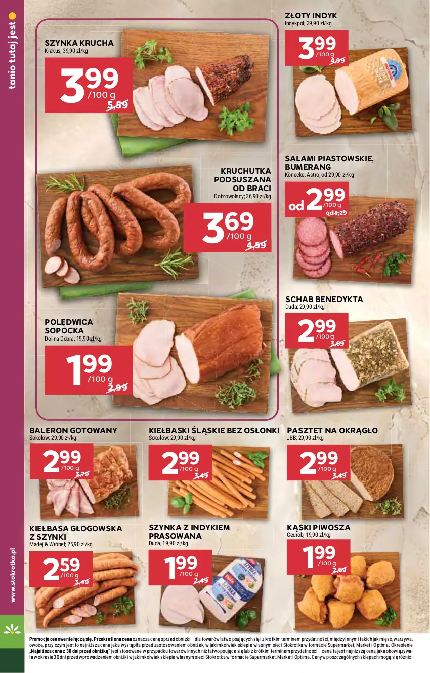 Gazetka promocyjna Stokrotka - Market - ważna 22.10 do 28.10.2026 - strona 12 - produkty: Bumerang, Duda, Kiełbasa, Kiełbasa głogowska, Kiełbaski śląskie, Krakus, Mięso, Optima, Owoce, Pasztet, Piast, Piwo, Polędwica, Salami, Schab Benedykta, Sok, Sokołów, Szynka, Warzywa