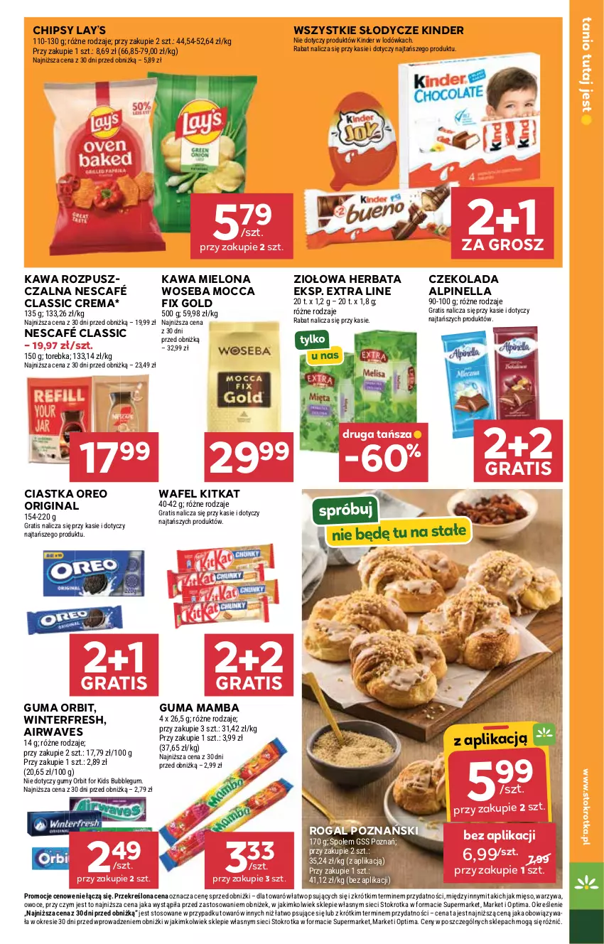 Gazetka promocyjna Stokrotka - Market - ważna 22.10 do 28.10.2026 - strona 21 - produkty: Chipsy, Ciastka, Czekolada, Gin, Gra, Herbata, Kawa, Kawa mielona, Kawa rozpuszczalna, Kinder, Lay’s, Lodówka, Mamba, Mięso, Mocca Fix Gold, Nescafé, Optima, Orbit, Oreo, Owoce, Rogal, Torebka, Warzywa, Woseba