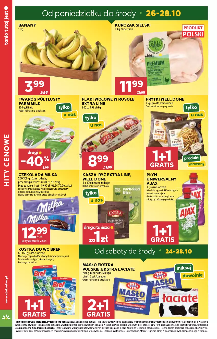 Gazetka promocyjna Stokrotka - Market - ważna 22.10 do 28.10.2026 - strona 8 - produkty: Ajax, Banany, Bref, Czekolada, Fa, Farm Milk, Flaki, Flaki wołowe, Frytki, Gra, Kasza, Kostka do wc, Kurczak, Masło, Mięso, Milka, Mleko, Mlekovita, Optima, Owoce, Ryż, Twaróg, Twaróg półtłusty, Warzywa