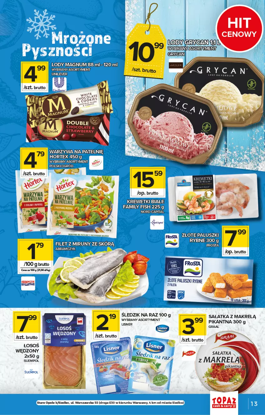 Gazetka promocyjna Topaz - Gazetka - ważna 01.07 do 07.07.2021 - strona 13 - produkty: Frosta, Gry, Hortex, Krewetki, Lody, Makrelą, Sałat, Sałatka, Sałatka z makrelą, Suempol, Warzywa