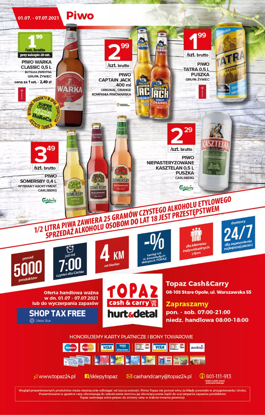 Gazetka promocyjna Topaz - Gazetka - ważna 01.07 do 07.07.2021 - strona 20 - produkty: Carlsberg, Gin, Kasztelan, Piwo, Somersby, Warka