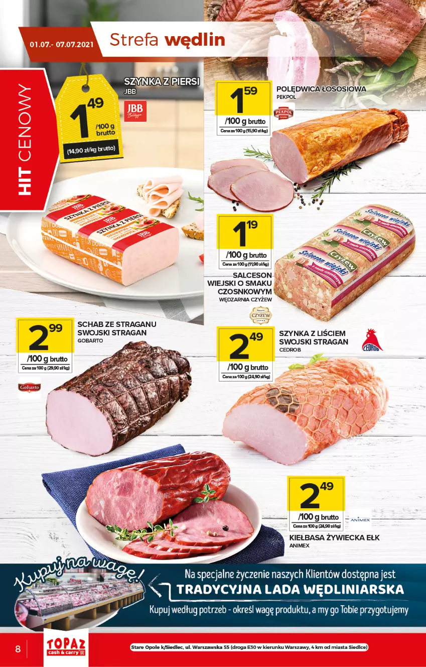 Gazetka promocyjna Topaz - Gazetka - ważna 01.07 do 07.07.2021 - strona 8 - produkty: Fa, Kiełbasa, Pekpol, Polędwica, Salceson, Sos, Szynka