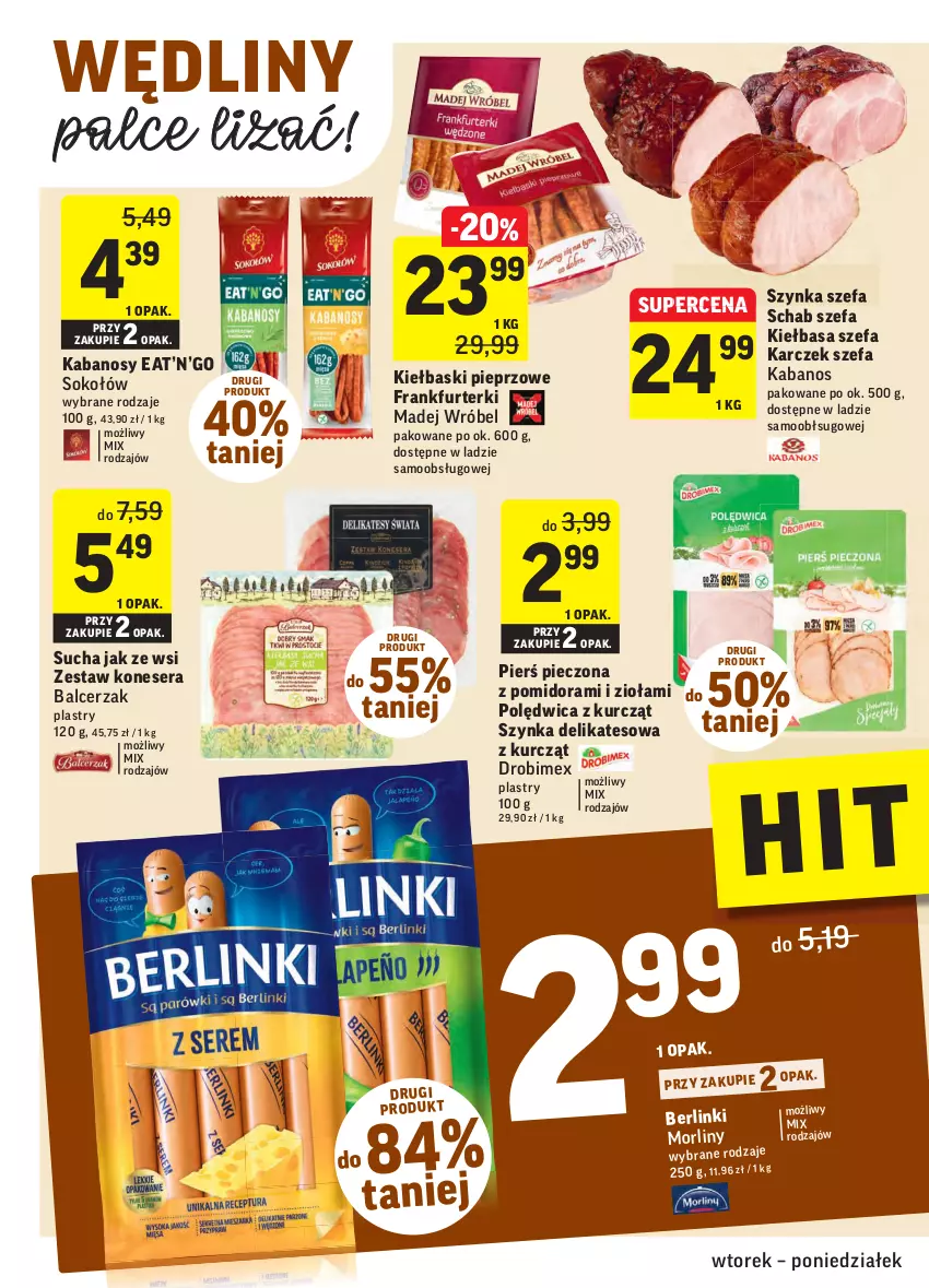 Gazetka promocyjna Intermarche - Gazetka promocyjna - ważna 16.11 do 22.11.2021 - strona 14 - produkty: Berlinki, Drobimex, Fa, Frankfurterki, Kabanos, Kiełbasa, Kiełbaski pieprzowe, Madej Wróbel, Morliny, Piec, Pieprz, Polędwica, Ser, Sok, Sokołów, Szynka, Szynka delikatesowa