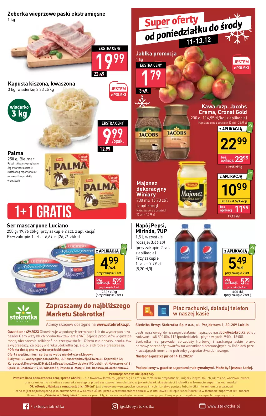 Gazetka promocyjna Stokrotka - Market - ważna 07.12 do 13.12.2023 - strona 21 - produkty: 7up, Dres, Gra, Jabłka, Jacobs, JBL, Karp, Kawa, Kosz, Majonez, Mascarpone, Mięso, Mirinda, Napój, O nas, Owoce, Palma, Pepsi, Por, Ser, Szal, Telefon, Wagi, Warzywa, Wilson, Winiary