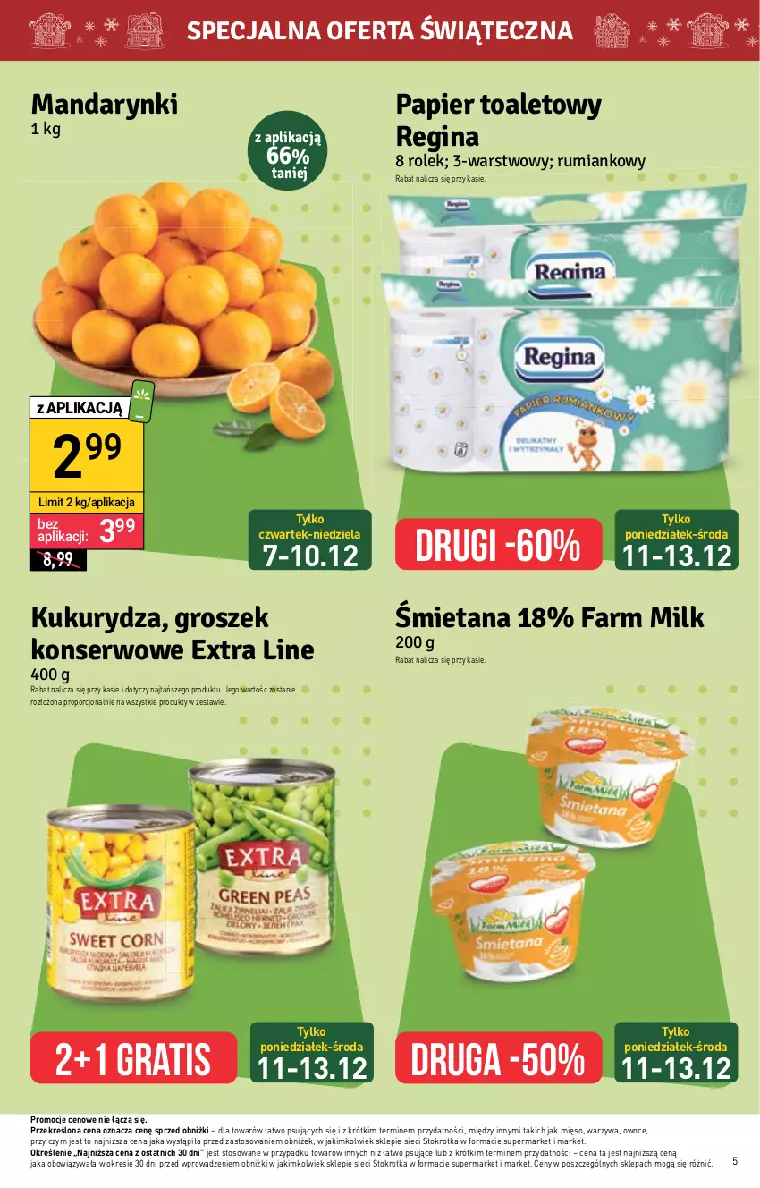 Gazetka promocyjna Stokrotka - Market - ważna 07.12 do 13.12.2023 - strona 5 - produkty: Fa, Farm Milk, Gin, Gra, Groszek, Kukurydza, Mandarynki, Mięso, Owoce, Papier, Papier toaletowy, Por, Rum, Ser, Warzywa