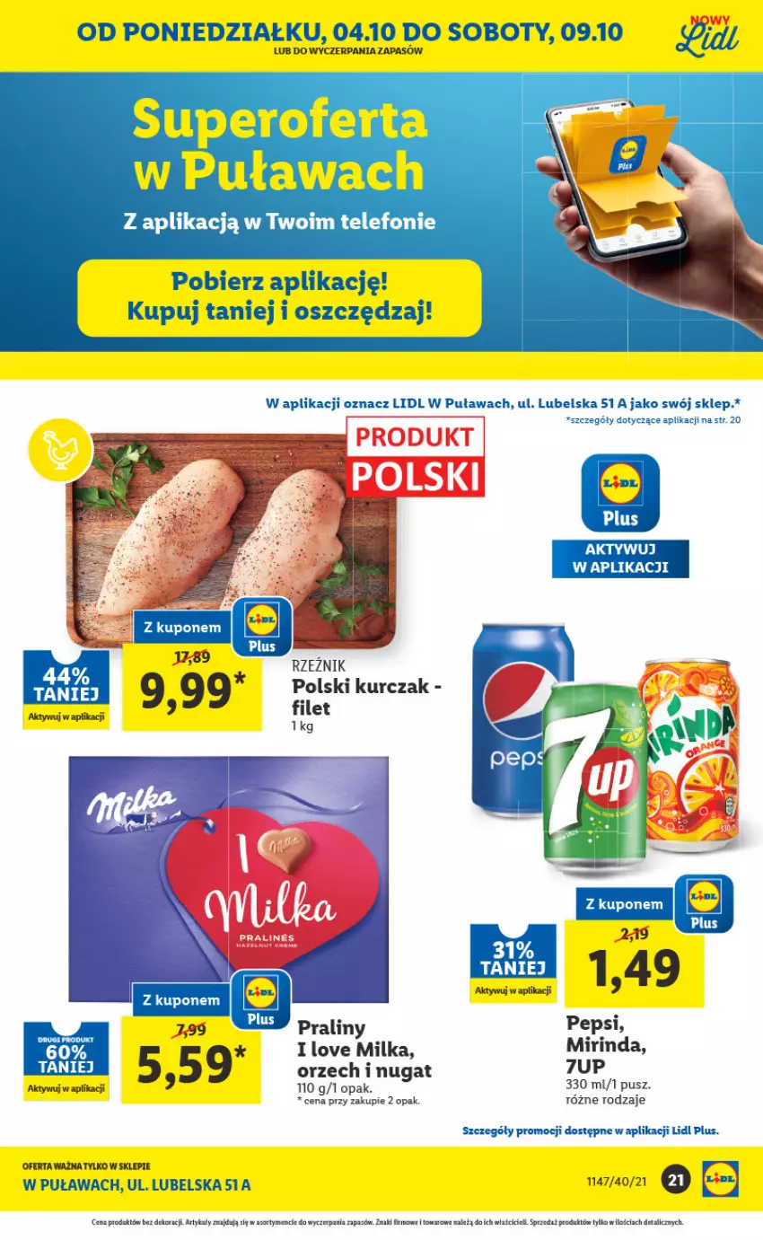 Gazetka promocyjna Lidl - Lidl w Puławach ponownie otwarty - ważna 04.10 do 10.10.2021 - strona 21 - produkty: 7up, Kurczak, Milka, Mirinda, Telefon