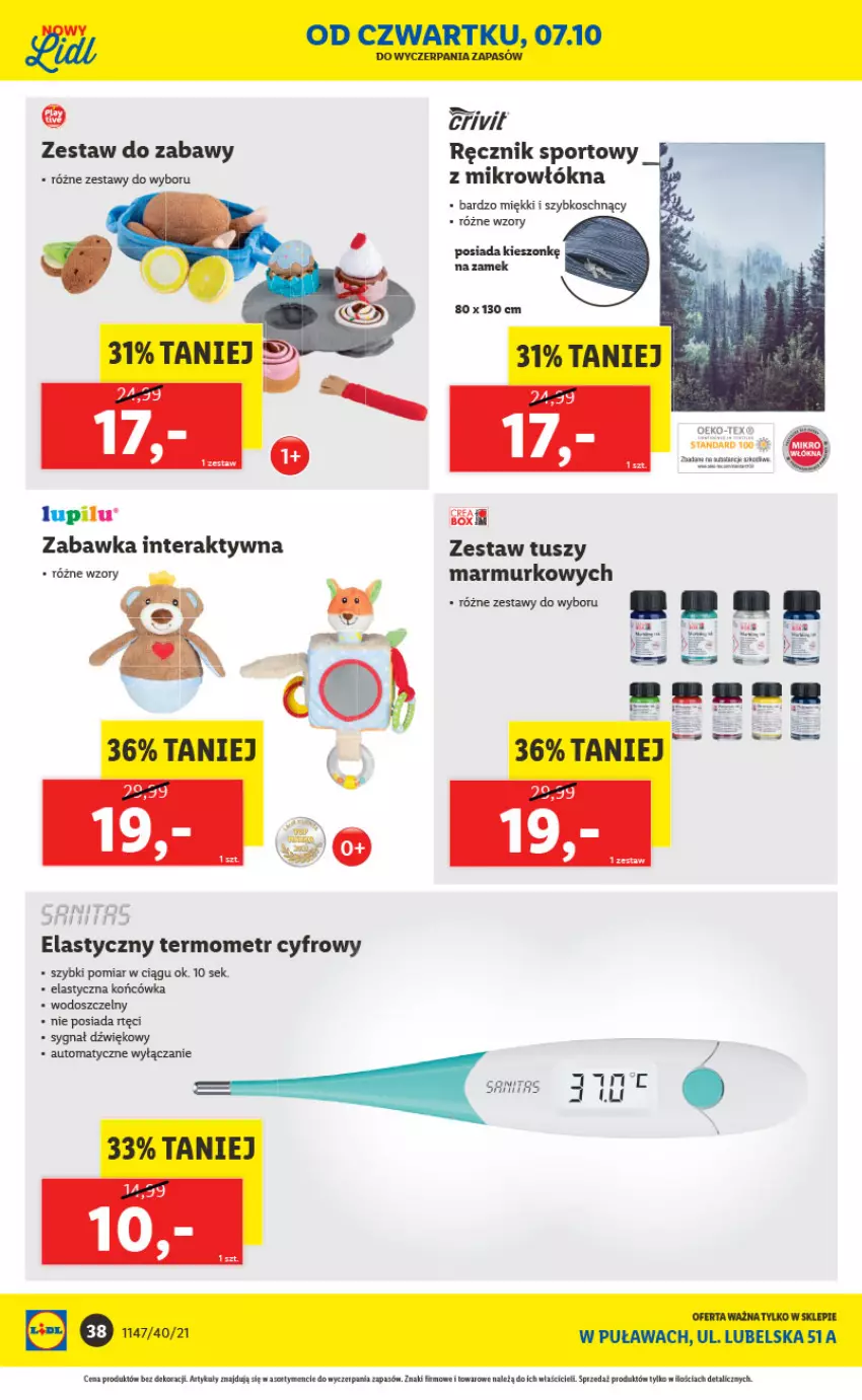 Gazetka promocyjna Lidl - Lidl w Puławach ponownie otwarty - ważna 04.10 do 10.10.2021 - strona 38 - produkty: Panda, Por, Ręcznik, Sport, Tera, Termometr, Tusz, Zabawka