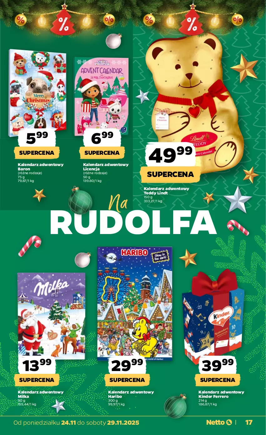 Gazetka promocyjna Netto - Od Poniedziałku - ważna 24.11 do 29.11.2025 - strona 17 - produkty: Fa, Ferrero, Haribo, Kalendarz, Kalendarz adwentowy, Kinder, Lindt, Milka