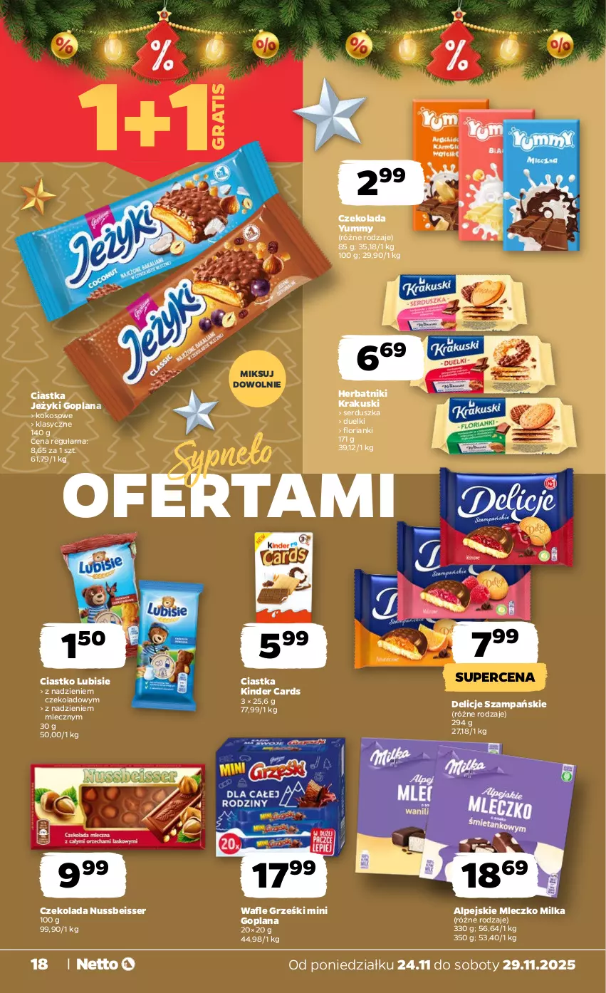 Gazetka promocyjna Netto - Od Poniedziałku - ważna 24.11 do 29.11.2025 - strona 18 - produkty: Ciastka, Czekolada, Delicje, Goplana, Gra, Grześki, Herbatniki, Jeżyki, Kinder, Kokos, Krakus, Krakuski, LANA, Lubisie, Milka, Mleczko, Ser, Wafle