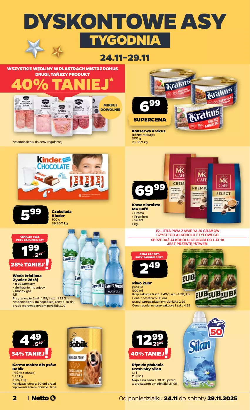 Gazetka promocyjna Netto - Od Poniedziałku - ważna 24.11 do 29.11.2025 - strona 2 - produkty: Czekolada, Gra, Kawa, Kawa ziarnista, Kinder, Krakus, LANA, Mus, Piwa, Piwo, Płyn do płukania, Ser, Silan, Woda