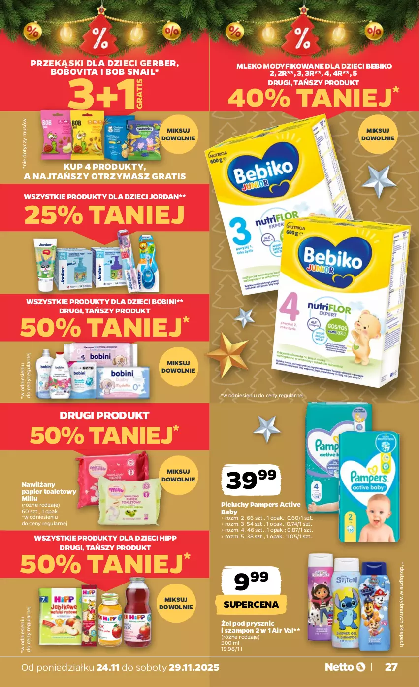 Gazetka promocyjna Netto - Od Poniedziałku - ważna 24.11 do 29.11.2025 - strona 27 - produkty: Bebiko, BoboVita, Dzieci, Gerber, Gra, HiPP, Mleko, Mleko modyfikowane, Mus, Nawilżany papier, Pampers, Papier, Papier toaletowy, Pieluchy, Szampon