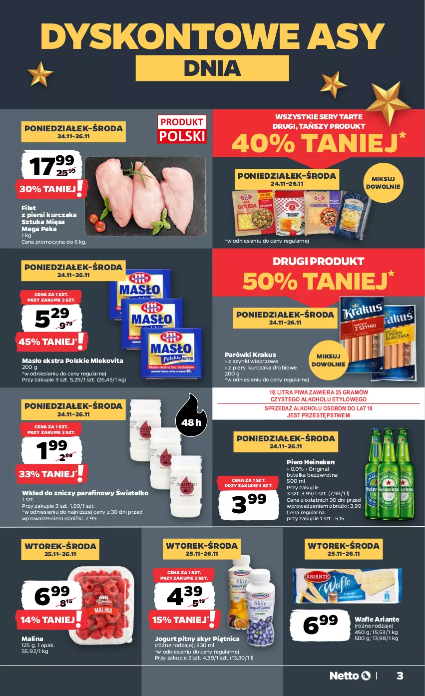 Gazetka promocyjna Netto - Od Poniedziałku - ważna 24.11 do 29.11.2025 - strona 3 - produkty: Filet z piersi kurczaka, Gin, Gra, Heineken, Jogurt, Jogurt pitny, Krakus, Kurczak, Masło, Mleko, Mlekovita, Parówki, Piątnica, Piwa, Piwo, Ser, Wafle, Znicz