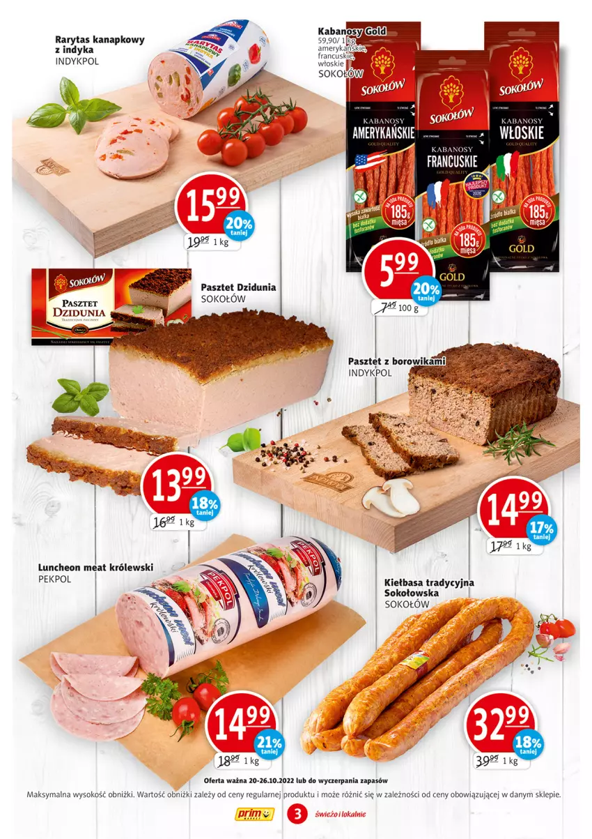 Gazetka promocyjna Prim Market - ważna 20.10 do 26.10.2022 - strona 3 - produkty: Kabanos, Kiełbasa, Królewski, Pasztet, Pekpol, Sok, Sokołów