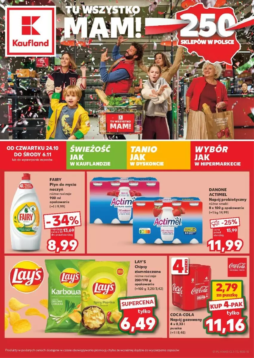 Gazetka promocyjna Kaufland - ważna 24.10 do 06.11.2024 - strona 1 - produkty: Actimel, Chipsy, Coca-Cola, Danone, Fa, Fairy, Napój, Napój gazowany, Płyn do mycia