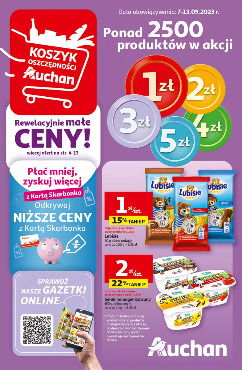 Gazetka promocyjna Auchan - Gazetka Rewelacyjnie małe CENY! Hipermarket Auchan - ważna 07.09 do 13.09.2023 - strona 1 - produkty: Lubisie, Ser, Serek, Serek homogenizowany