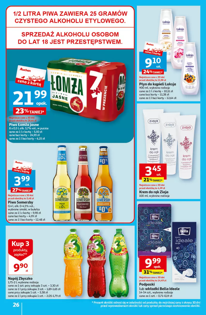 Gazetka promocyjna Auchan - Gazetka Rewelacyjnie małe CENY! Hipermarket Auchan - ważna 07.09 do 13.09.2023 - strona 26 - produkty: Bell, Bella, Gra, Krem do rąk, Luksja, Napój, Piwa, Piwo, Płyn do kąpieli, Podpaski, Somersby, Wkładki, Ziaja