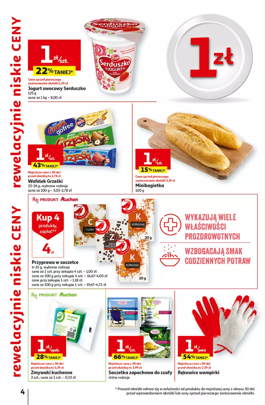 Gazetka promocyjna Auchan - Gazetka Rewelacyjnie małe CENY! Hipermarket Auchan - ważna 07.09 do 13.09.2023 - strona 4 - produkty: Bagietka, Grześki, Jogurt, Jogurt owocowy, Rękawice, Ser, Wafelek, Zmywaki kuchenne