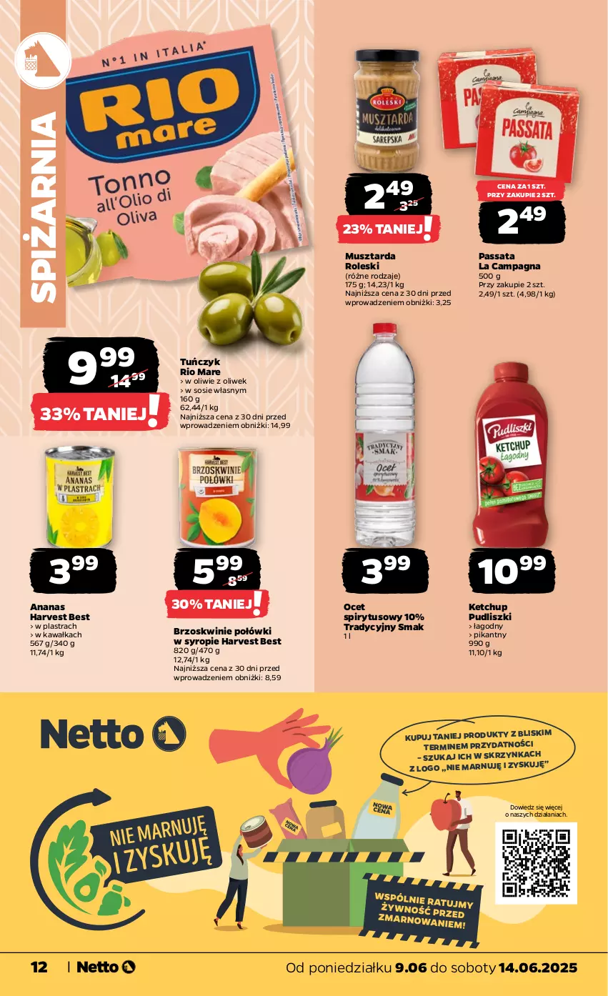 Gazetka promocyjna Netto - Od Poniedziałku - ważna 09.06 do 14.06.2025 - strona 12 - produkty: Ananas, Brzoskwinie, Kawa, Ketchup, Mus, Musztarda, O nas, Ocet, Pudliszki, Rio Mare, Sos, Syrop, Tuńczyk