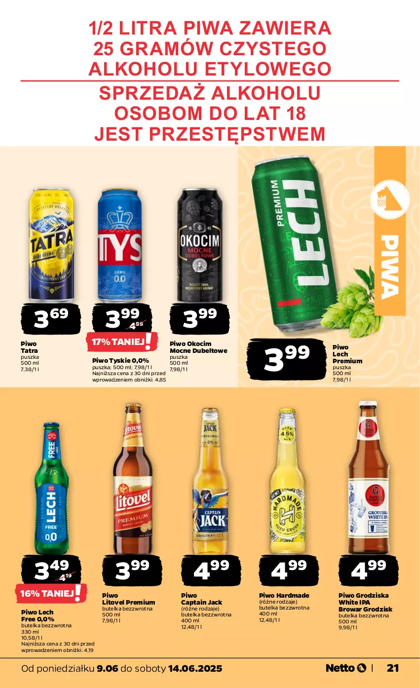 Gazetka promocyjna Netto - Od Poniedziałku - ważna 09.06 do 14.06.2025 - strona 21 - produkty: Captain Jack, Gra, Koc, Lech Premium, Okocim, Piwa, Piwo, Tatra, Tyskie