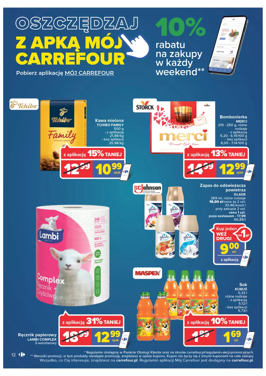 Gazetka promocyjna Carrefour - Gazetka Carrefour Zyskoteka - ważna 08.02 do 14.02.2022 - strona 12 - produkty: Fa, Kawa, Kawa mielona, Kosz, Kubuś, Merci, Papier, Piec, Ręcznik, Sok, Tchibo, Tchibo Family