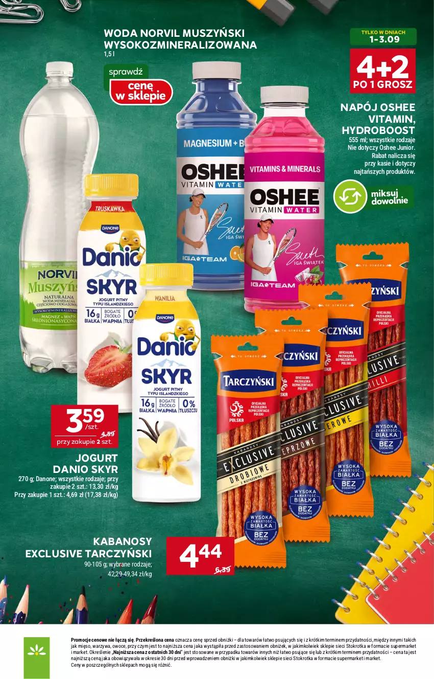 Gazetka promocyjna Stokrotka - Supermarket - ważna 28.08 do 03.09.2025 - strona 17 - produkty: Danio, Danone, Jogurt, Kabanos, Mięso, Mus, Napój, Oshee, Owoce, Sok, Tarczyński, Warzywa, Woda