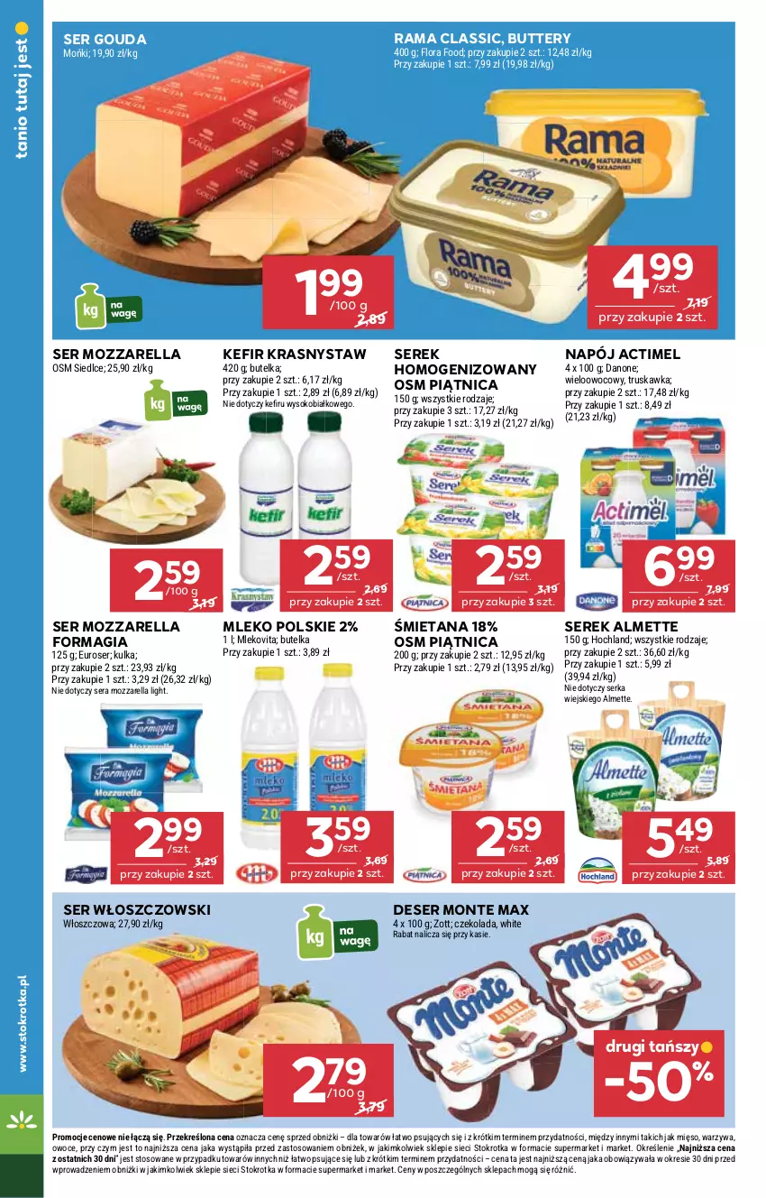 Gazetka promocyjna Stokrotka - Supermarket - ważna 28.08 do 03.09.2025 - strona 22 - produkty: Actimel, Almette, Czekolada, Danone, Deser, Flora, Gouda, Hochland, Kefir, Mięso, Mleko, Mlekovita, Monte, Mozzarella, Napój, Owoce, Piątnica, Rama, Ser, Serek, Serek homogenizowany, Sok, Warzywa, Włoszczowski, Zott