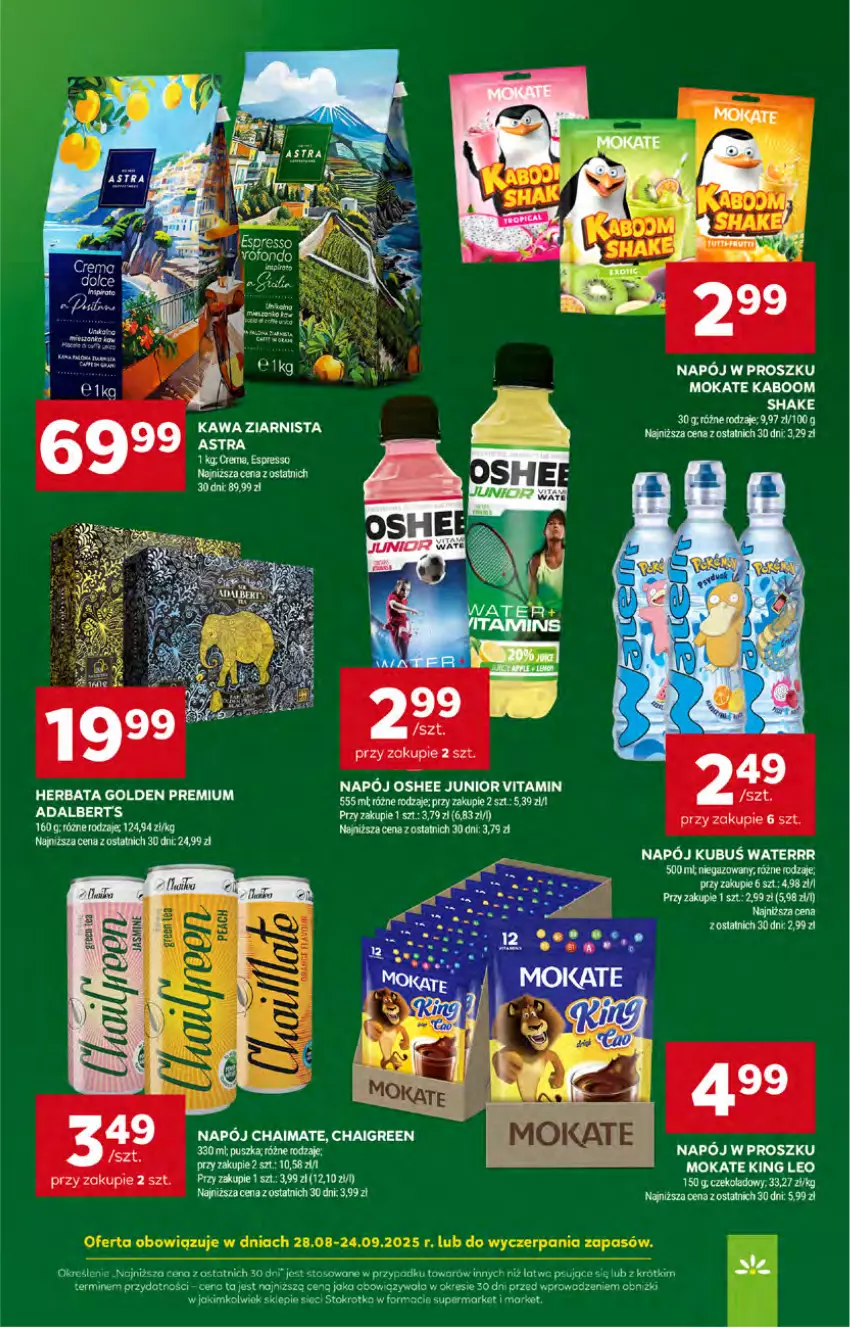 Gazetka promocyjna Stokrotka - Supermarket - ważna 28.08 do 03.09.2025 - strona 37 - produkty: Herbata, Kawa, Kawa ziarnista, Kubuś, Kubuś Waterrr, Napój, Oshee