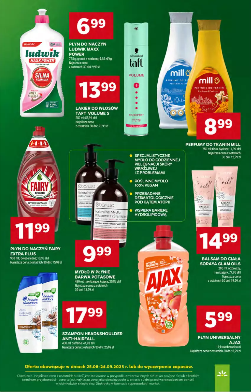 Gazetka promocyjna Stokrotka - Supermarket - ważna 28.08 do 03.09.2025 - strona 38 - produkty: Ajax, Balsam do ciała, Fa, Fairy, Lack, Lakier, Lakier do włosów, Ludwik, Mydło, Owoce, Perfum, Szampon, Taft, Top