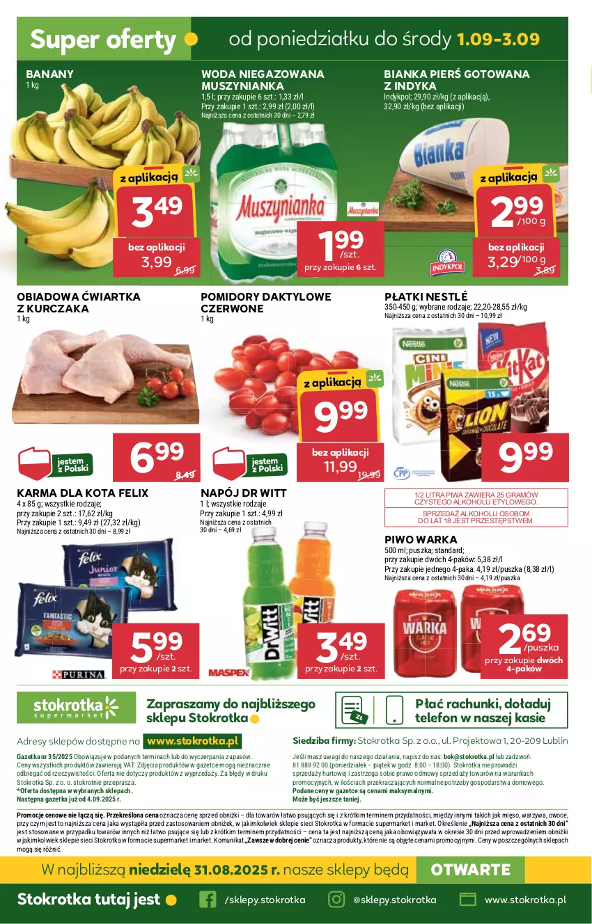 Gazetka promocyjna Stokrotka - Supermarket - ważna 28.08 do 03.09.2025 - strona 39 - produkty: Banany, Bianka, Dres, Felix, Gra, JBL, Kurczak, Mięso, Mus, Muszynianka, Napój, Nestlé, O nas, Owoce, Piwa, Piwo, Pomidory, Telefon, Wagi, Warka, Warzywa, Woda, Woda niegazowana