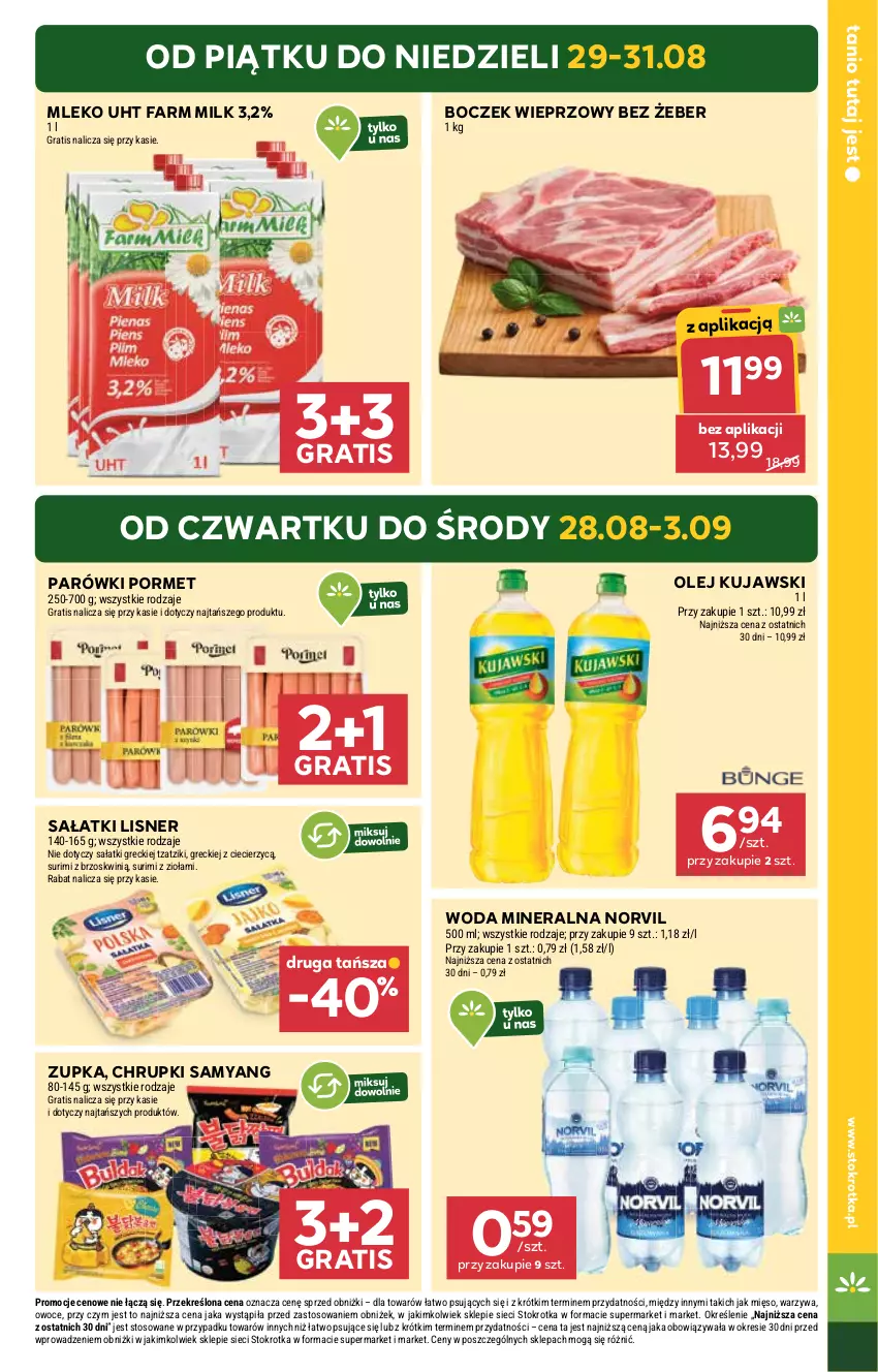 Gazetka promocyjna Stokrotka - Supermarket - ważna 28.08 do 03.09.2025 - strona 5 - produkty: Boczek, Boczek wieprzowy, Chrupki, Fa, Farm Milk, Gra, Kujawski, Lisner, Mięso, Mleko, Olej, Owoce, Parówki, Por, Sałat, Surimi, Warzywa, Woda, Woda mineralna