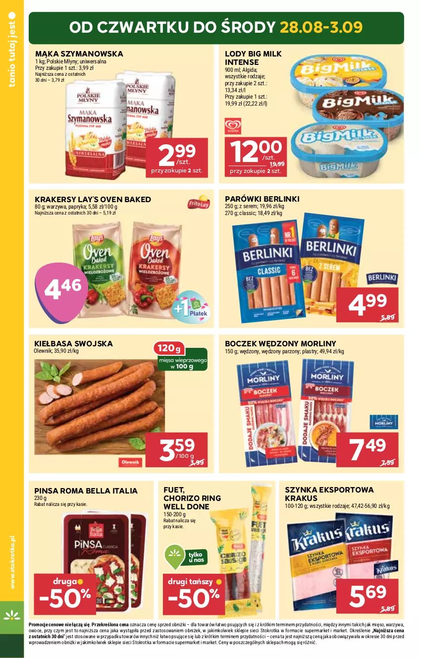 Gazetka promocyjna Stokrotka - Supermarket - ważna 28.08 do 03.09.2025 - strona 6 - produkty: Algida, Bell, Bella, Berlinki, Big Milk, Boczek, Kiełbasa, Krakersy, Krakus, Lay’s, LG, Lody, Mąka, Mięso, Morliny, Olewnik, Owoce, Papryka, Parówki, Polskie Młyny, Por, Ser, Sport, Szynka, Warzywa