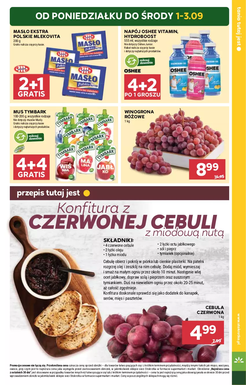 Gazetka promocyjna Stokrotka - Supermarket - ważna 28.08 do 03.09.2025 - strona 7 - produkty: Cebula, Cebula czerwona, Gra, Konfitura, Masło, Mięso, Miód, Mleko, Mlekovita, Mus, Napój, Ocet, Olej, Oshee, Owoce, Pasztet, Pieprz, Plasterki, Ser, Sól, Tymbark, Warzywa, Wino, Winogrona