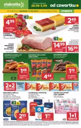 Gazetka promocyjna Stokrotka - Supermarket - Gazetka - ważna od 03.09 do 03.09.2025 - strona 1 - produkty: Lubella, Makaron, Warzywa, Ser, Mus, JBL, Gra, Papier, Cukier, Bell, Papryka czerwona, Papryka, Papier toaletowy, Tarczyński, 7 Days, Schab wieprzowy, Rogal, Kaszanka, Foxy, Owoce, Bella, Kabanos, Kakao, Kasza, Kiełbasa, Mięso, Kiełbasa śląska