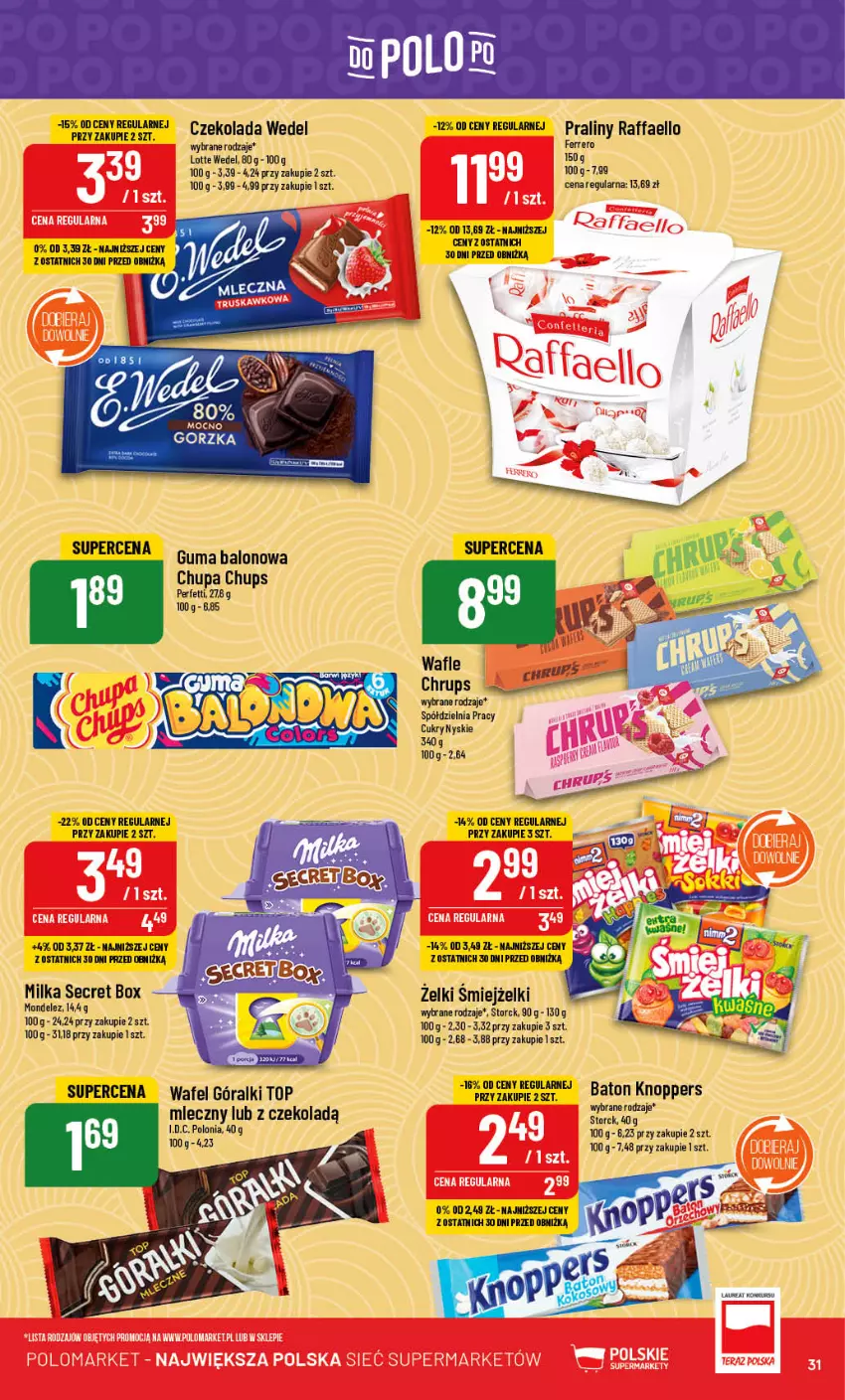 Gazetka promocyjna PoloMarket - Gazetka pomocyjna - ważna 30.08 do 05.09.2023 - strona 31 - produkty: Baton, Chupa Chups, Czekolada, Fa, Ferrero, Knoppers, Laur, Milka, Praliny, Raffaello, Wafle