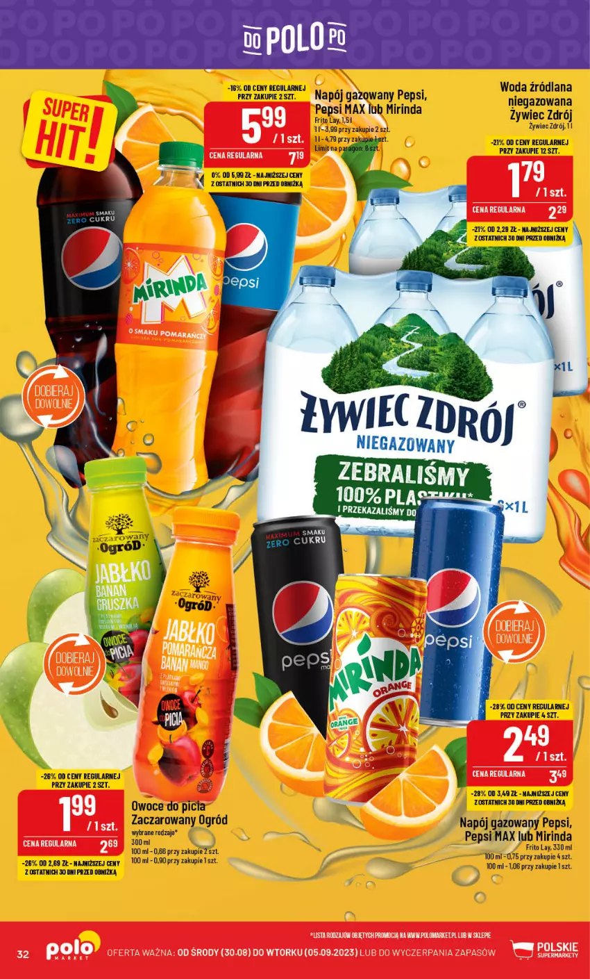 Gazetka promocyjna PoloMarket - Gazetka pomocyjna - ważna 30.08 do 05.09.2023 - strona 32 - produkty: LANA, Mirinda, Napój, Napój gazowany, Ogród, Owoce, Pepsi, Pepsi max, Woda