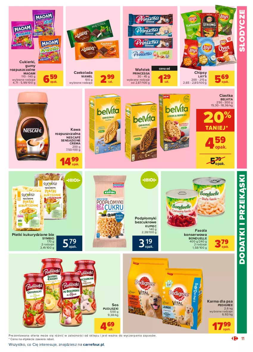 Gazetka promocyjna Carrefour - Gazetka Market - ważna 09.08 do 21.08.2021 - strona 11 - produkty: BelVita, Bonduelle, Chipsy, Ciastka, Cukier, Cukierki, Czekolada, Fa, Fasola, Kawa, Kawa rozpuszczalna, Kupiec, Lay’s, Nescafé, Pedigree, Piec, Princessa, Pudliszki, Ser, Sos, Wafelek, Wawel