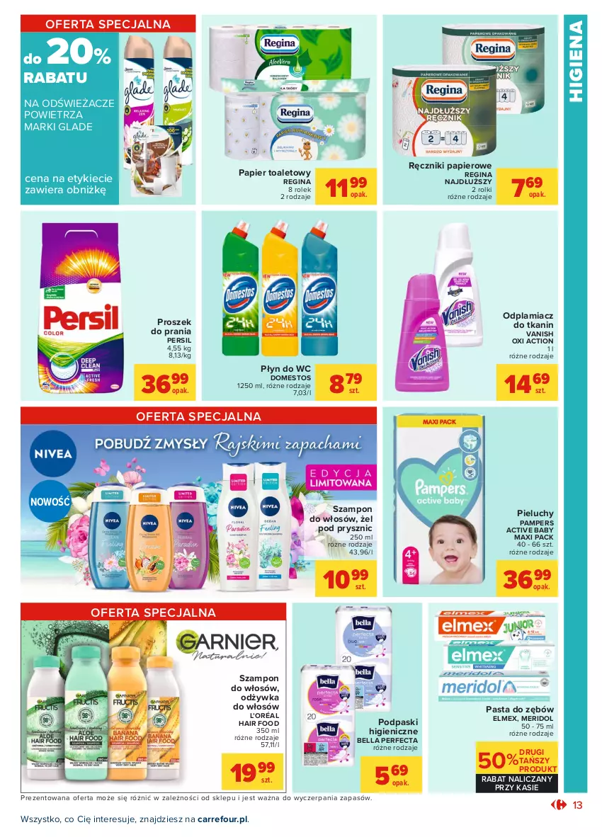 Gazetka promocyjna Carrefour - Gazetka Market - ważna 09.08 do 21.08.2021 - strona 13 - produkty: Bell, Bella, Domestos, Elmex, Gin, L’Oréal, Odplamiacz, Odżywka, Pampers, Papier, Papier toaletowy, Pasta do zębów, Perfecta, Persil, Pieluchy, Płyn do wc, Podpaski, Proszek do prania, Ręcznik, Ręczniki papierowe, Rolki, Szampon, Vanish