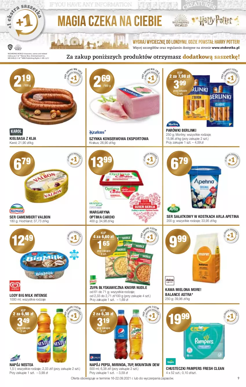 Gazetka promocyjna Stokrotka - Supermarket - ważna 16.09 do 22.09.2021 - strona 9 - produkty: 7up, Berlinki, Big Milk, Camembert, Chusteczki, Hochland, Kawa, Kawa mielona, Kiełbasa, Knorr, Krakus, Lody, Margaryna, Mirinda, Morliny, Napój, Nestea, Optima, Optima Cardio, Pampers, Parówki, Pepsi, Por, Sałat, Ser, Sport, Szynka, Szynka konserwowa, Zupa