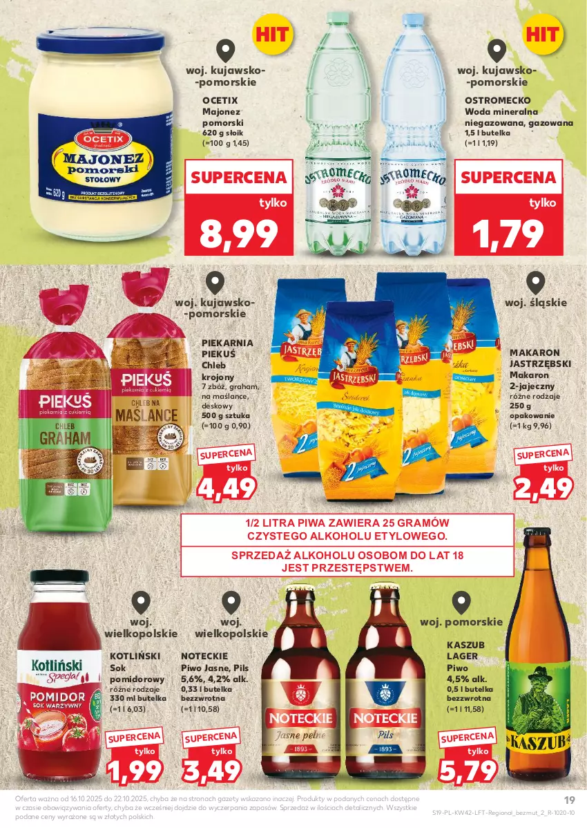 Gazetka promocyjna Kaufland - Gazetka tygodnia - ważna 16.10 do 22.10.2025 - strona 19 - produkty: Chleb, Gra, Majonez, Makaron, Ocet, Piwa, Piwo, Piwo jasne, Sok, Sok pomidorowy, Woda, Woda mineralna