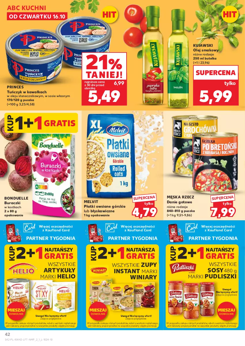 Gazetka promocyjna Kaufland - Gazetka tygodnia - ważna 16.10 do 22.10.2025 - strona 42 - produkty: Bonduelle, Buraczki, Danie gotowe, Gra, Helio, Kawa, Kujawski, Melvit, Olej, Olej smakowy, Płatki owsiane, Por, Pudliszki, Sos, Tuńczyk, Waga, Winiary