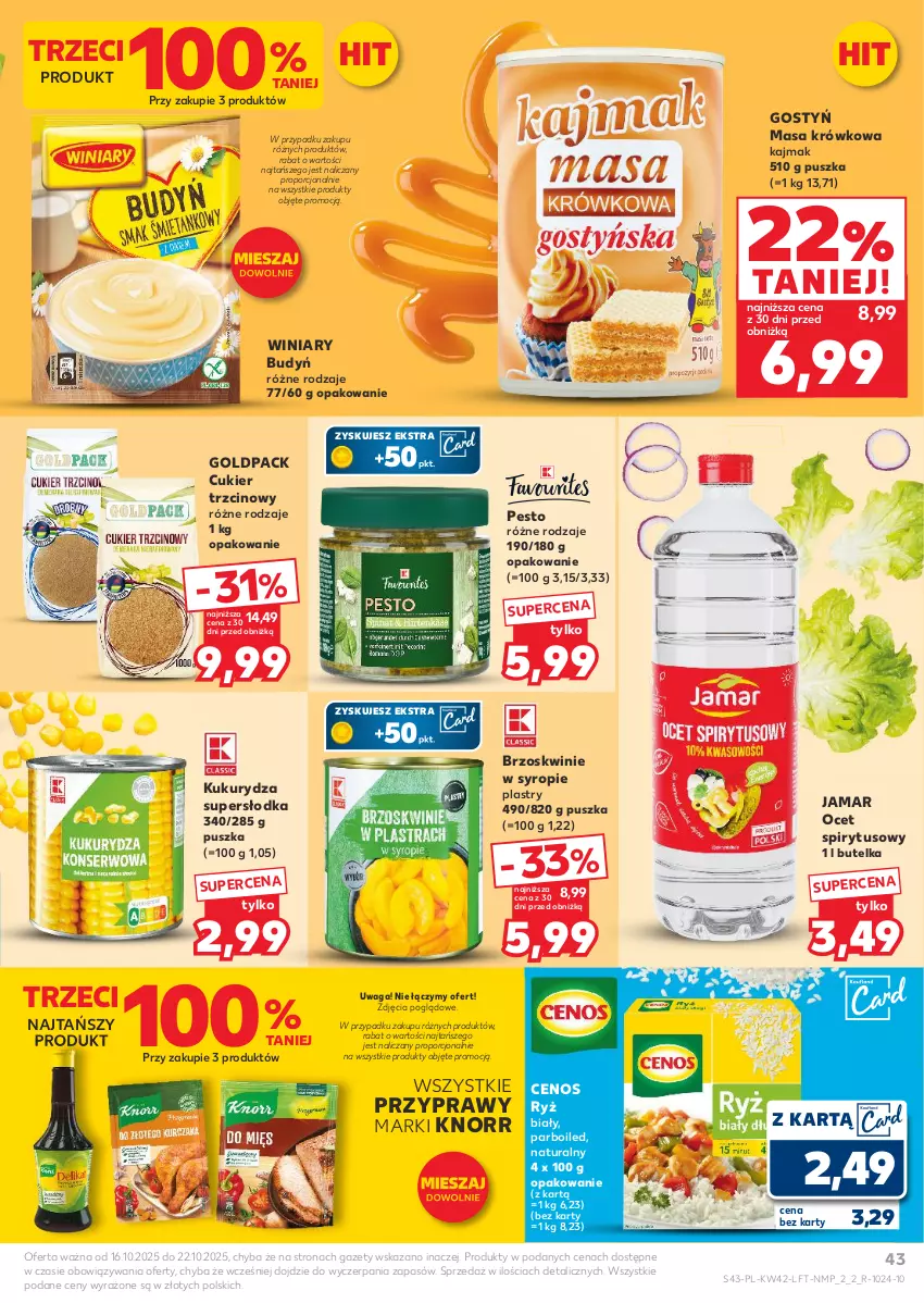 Gazetka promocyjna Kaufland - Gazetka tygodnia - ważna 16.10 do 22.10.2025 - strona 43 - produkty: Brzoskwinie, Budyń, Cenos, Cukier, Cukier trzcinowy, Knorr, Kukurydza, Masa krówkowa, Ocet, Pesto, Por, Przyprawy, Ryż, Ryż biały, Syrop, Waga, Winiary