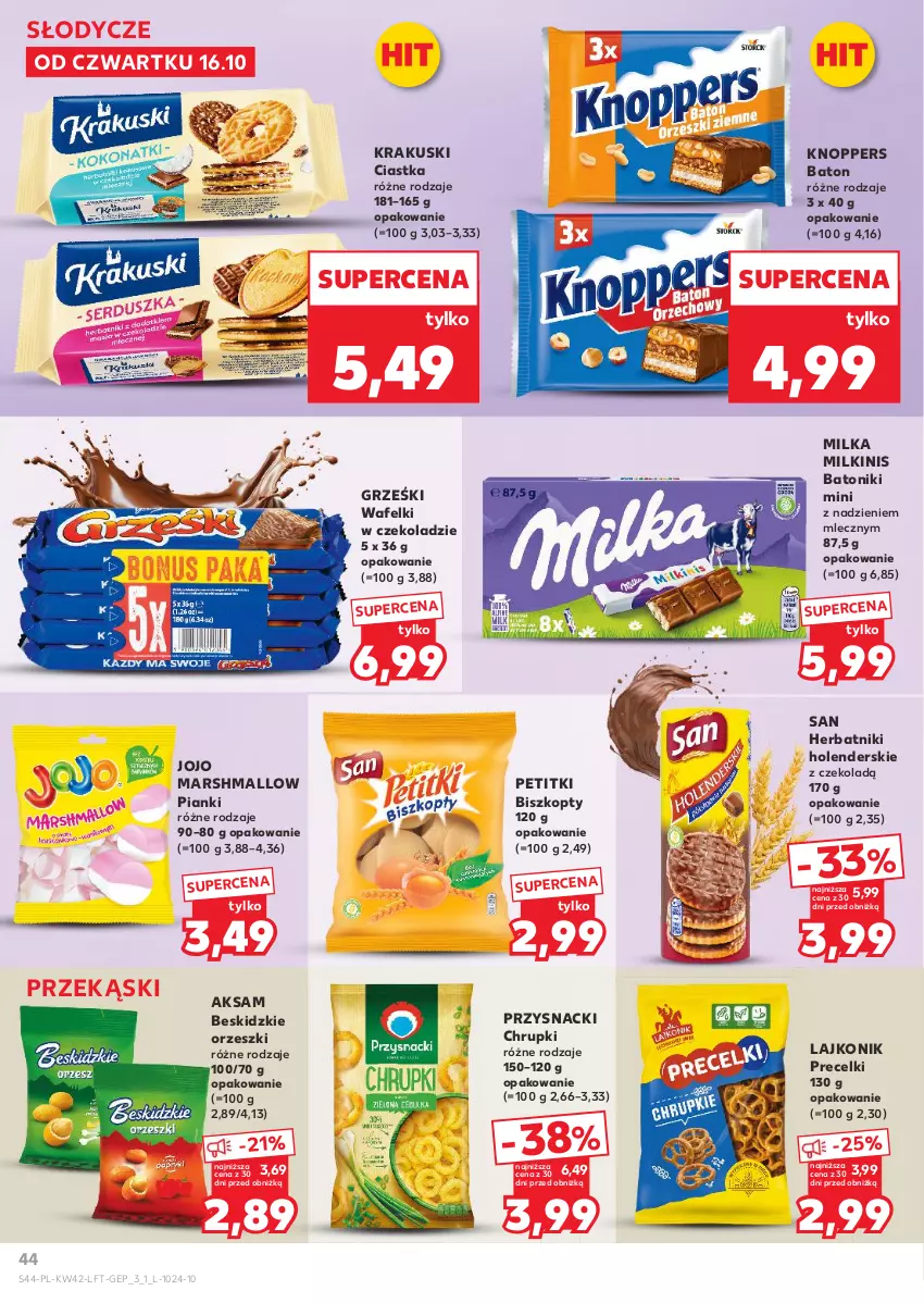 Gazetka promocyjna Kaufland - Gazetka tygodnia - ważna 16.10 do 22.10.2025 - strona 44 - produkty: Aksam, Baton, Beskidzki, Biszkopty, Chrupki, Ciastka, Grześki, Herbatniki, Knoppers, Krakus, Krakuski, Lajkonik, Mars, Milka, Mini Grześki, Orzeszki, Precelki, Przysnacki, Tonik