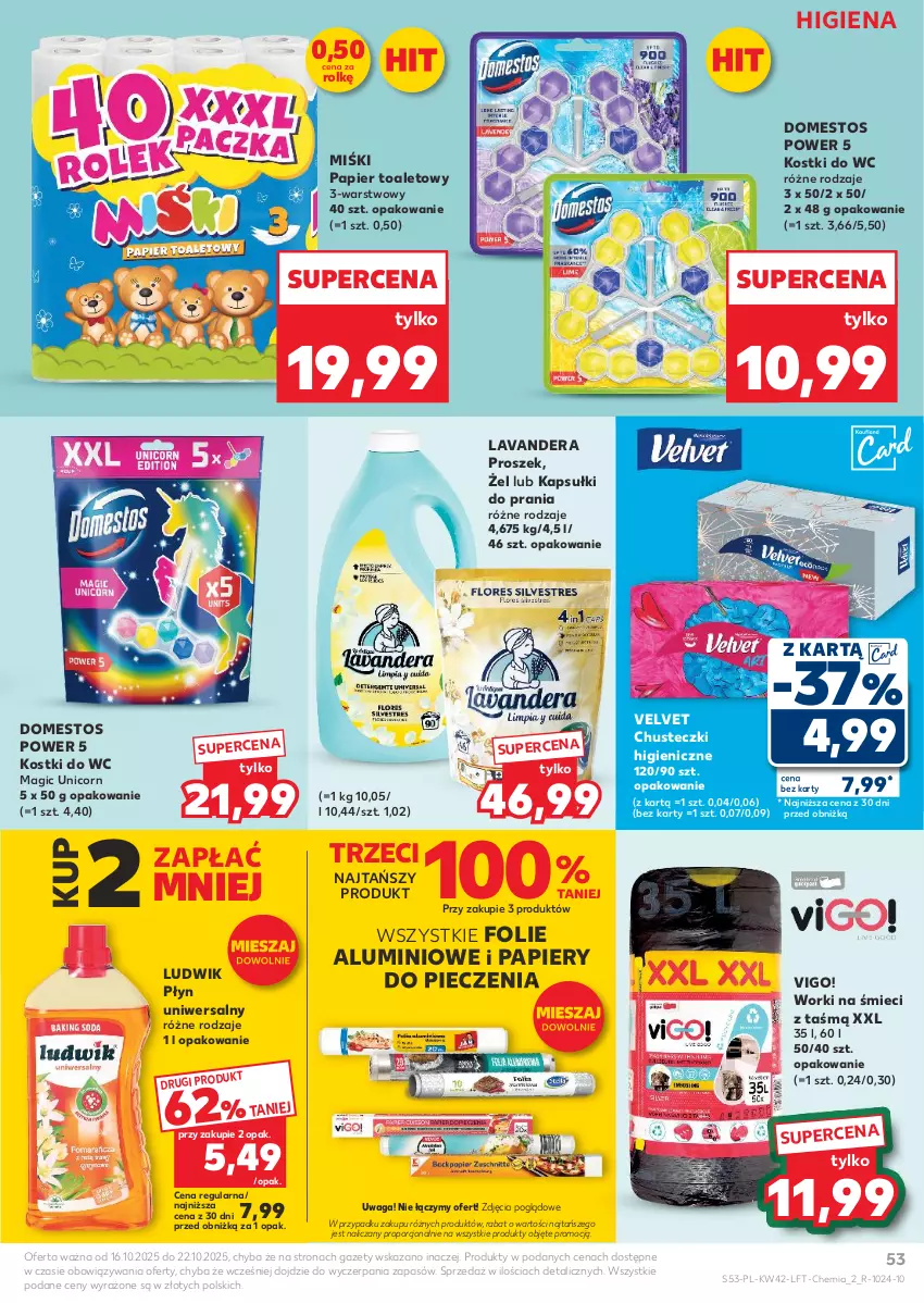 Gazetka promocyjna Kaufland - Gazetka tygodnia - ważna 16.10 do 22.10.2025 - strona 53 - produkty: Chusteczki, Domestos, Kapsułki do prania, Ludwik, Papier, Papier toaletowy, Piec, Por, Velvet, Waga, Worki na śmiec, Worki na śmieci