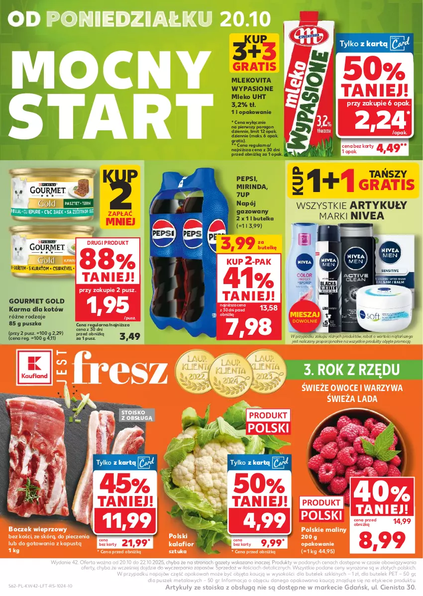 Gazetka promocyjna Kaufland - Gazetka tygodnia - ważna 16.10 do 22.10.2025 - strona 62 - produkty: 7up, Boczek, Boczek wieprzowy, Gourmet Gold, Gra, Kalafior, Kapustą, Maliny, Mirinda, Mleko, Mlekovita, Napój, Napój gazowany, Nivea, Owoce, Pepsi, Piec, Por, Sok, Warzywa